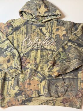 EUC Men's Cabela's Heavy Weight Camo Hoodie Green/Brown Woodland Print Size XL